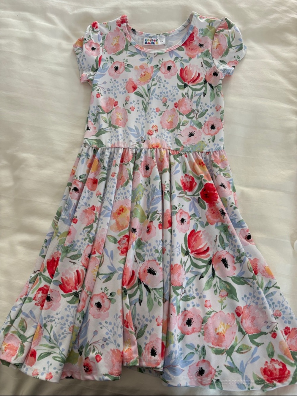 Dot Dot Smile White Floral Short-Sleeve Twirl Dress — Pink & Green